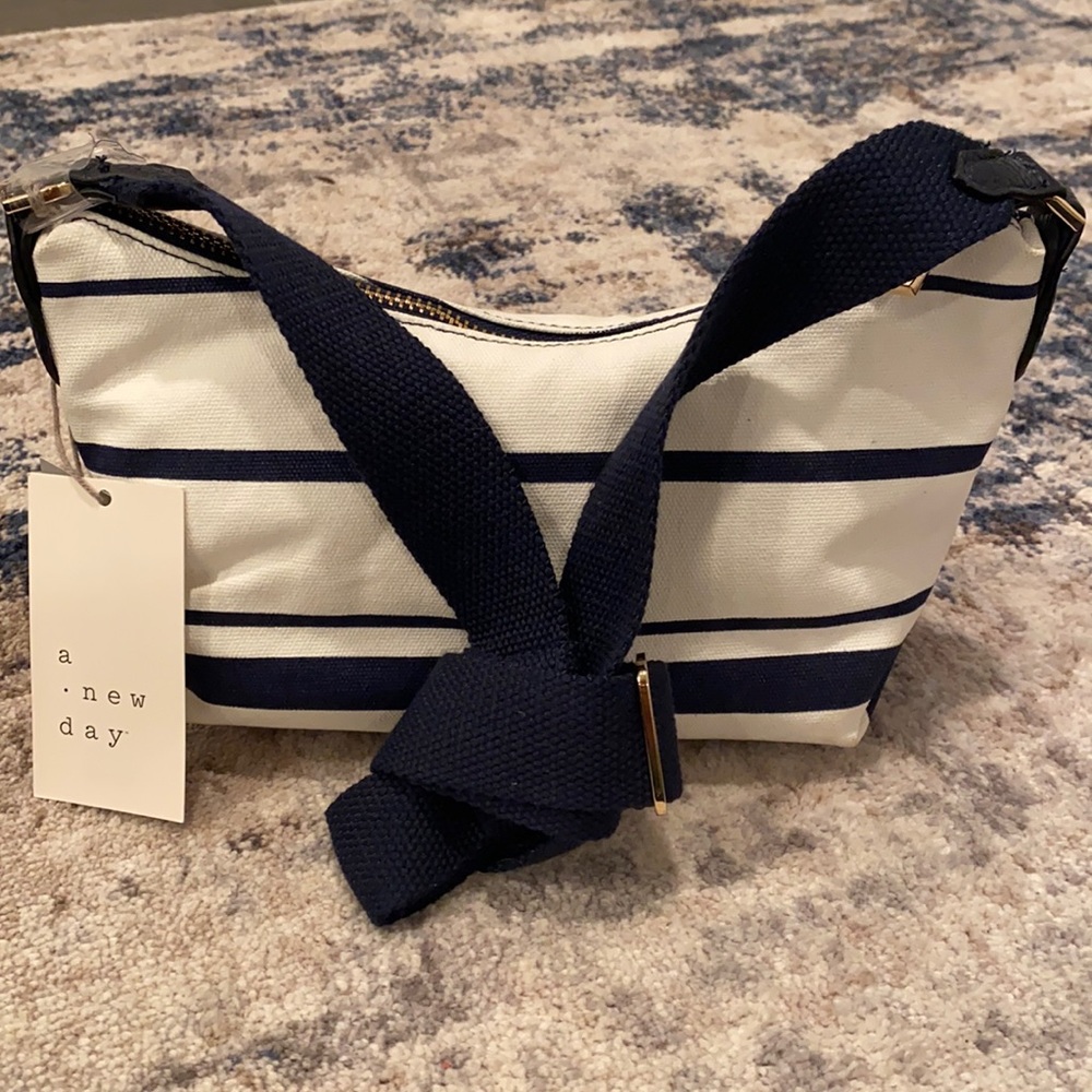 Navy white stripe small handbag with belt
